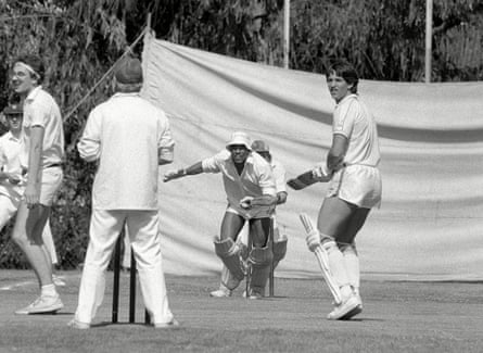 John Barnes and Gary Lineker (in a spectacular pair of shorts) play cricket while on tour in Mexico with England in June 1985.