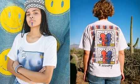 A Vivienne Westwood/Malcolm McLaren ‘tits’ T-shirt, and Keith Haring’s Act Against Aids ’93 design.