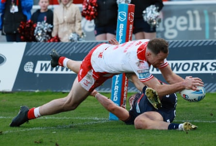 Joe Burgess scores Hull KR’s second try in the playoff semi-final against St Helens.