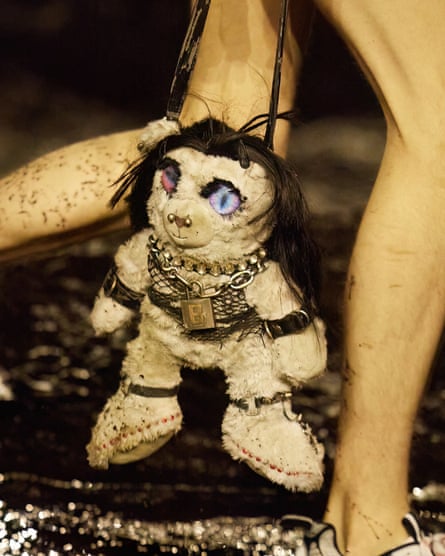 A teddybear bag worn by a model on the Balenciaga catwalk.
