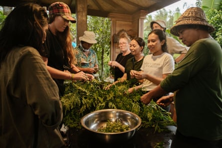 Tourists working with local people on the Astungkara Way in Bali. A group of people stripping leaves from twigs and collecting them in a bowl.