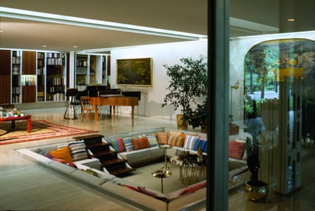 A mid-century home with a green conversation pit
