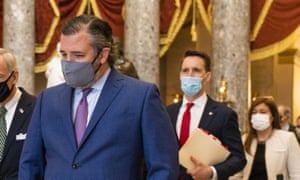 Senator Ted Cruz, front, followed by Senator Josh Hawley, outside the House chamber on Wednesday.