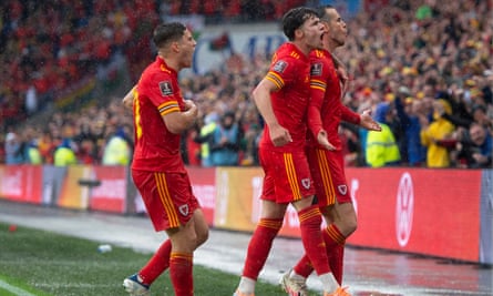 Gareth Bale leads the celebrations of Wales' winner against Ukraine in the qualifying playoff in the home comforts of Cardiff City Stadium