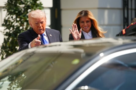 Donald Trump and first lady Melania Trump wave as King Charles III And Queen Camilla depart during a farewell ceremony at the White House on the final day of their state visit