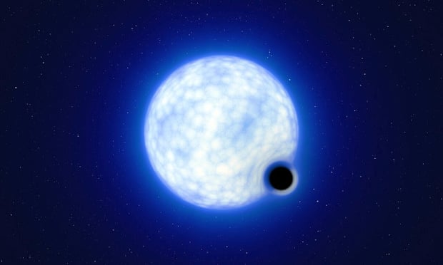 Small black sphere next to bright blue sphere