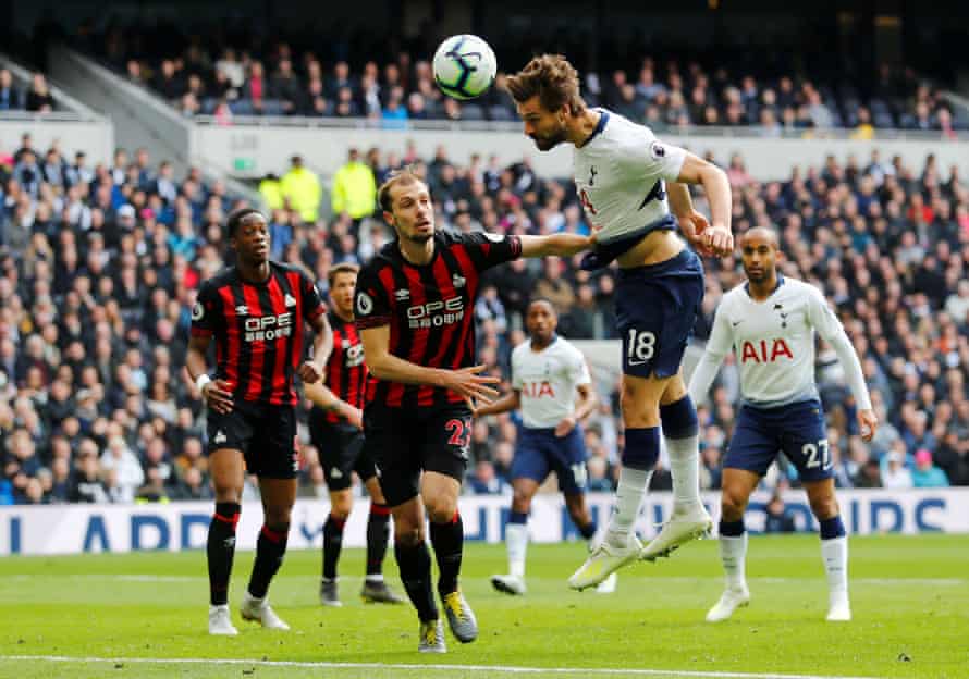 Tottenham’s Fernando Llorente gets his head to the ball but can’t direct it on target.
