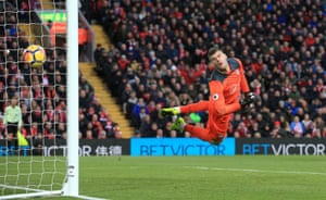 Southampton goalkeeper Fraser Forster dives in vain as Liverpool’s Mohamed Salah scores at Anfield. The Saints have scored only nine goals in the Premier League this term – their fewest after 12 games of a top-flight campaign since 1998-99