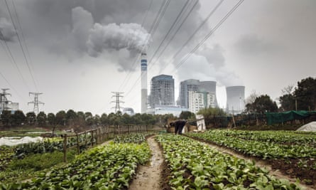 A man tends to vegetables in a field as emissions rise from cooling towers at a coal-fired power station in Tongling, Anhui province, China