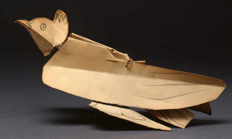 An origami bird made by Pablo Picasso for his daughter from exhibition invitation cards.