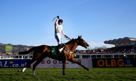 Ruby Walsh on Faugheen celebrating after winning the 2015 Champion Hurdle at Cheltenham