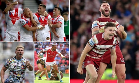 Clockwise from top left: St Helens, Jai Field and Kaide Ellis of Wigan Warriors, Elliot Minchella of Hull KR, Lachlan Lam of Leigh Leopards.