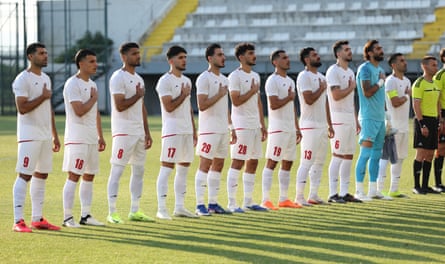 Iran’s players during the national anthem before a friendly against the Gambia in Turkey last week.