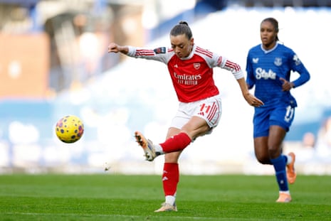 Katie McCabe fires home to open the scoring for Arsenal against Everton