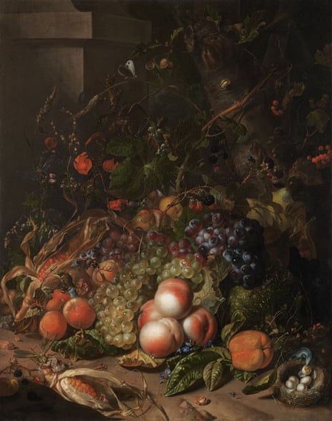 Still life with fruit, bird’s nest and insects (H76 x W57 cm) by Rachel Ruysch, at Dudmaston, Shropshire.