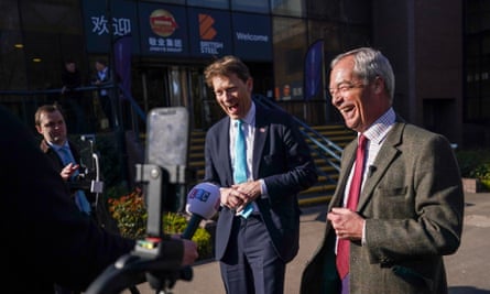 Richard Tice and Nigel Farage speaking to journalists outside the British Steel plant in Scunthorpe