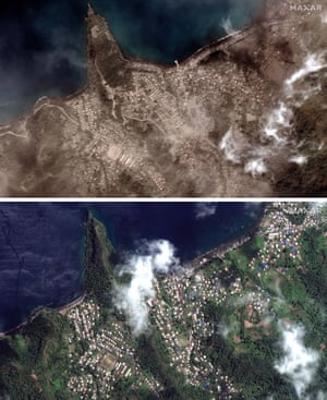 Volcanic ash covers St Vincent – in pictures 13 A before and after satellite image of Richmond Vale waterfront covered in volcanic ash.