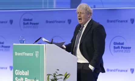 Boris Johnson at the Global Soft Power Summit in London, 2 March 2023.