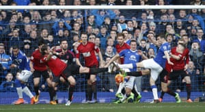 Everton’s Phil Jageielka and Seamus Coleman can’t find a way past West Brom’s solid defensive wall in February 2016.