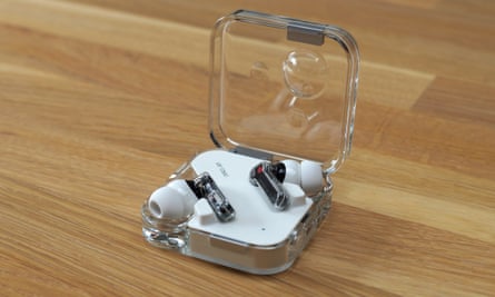 The Nothing Ear 2 earbuds in their semi-transparent charging case.