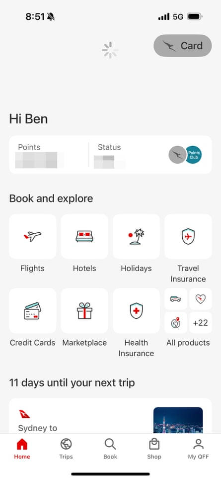 A screenshot of the Qantas app showing incorrect user information