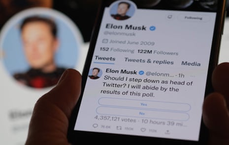 A phone displaying Elon Musk's Twitter page where he is conducting a survey about his future as the head of the company.