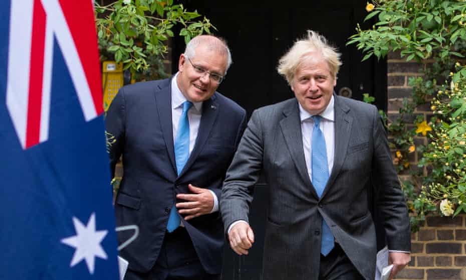 Boris Johnson (right) with the Australian prime minister, Scott Morrison, in the garden of No 10 Downing Street in London