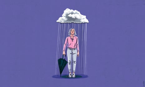 Illustration of a woman in jeans and a pink top, standing under a cloud, rain pouring down on her, a closed umbrella in her hand, on a purple background