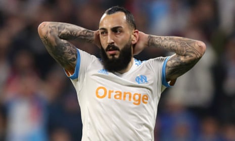 Marseille's Konstantinos Mitroglou reacts after hitting the post with a header