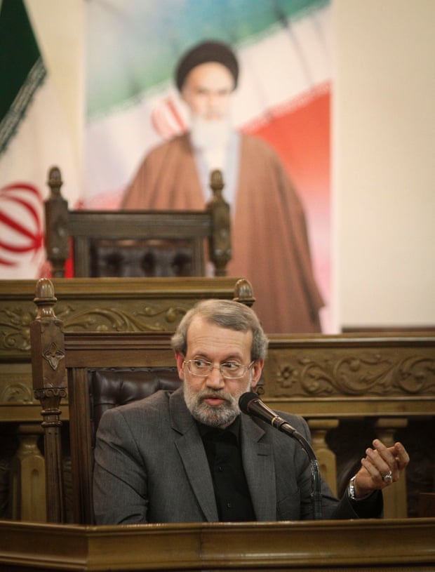Iran’s Majlis (parliament) Speaker Ali Larijani speaks at a press conference in Tehran earlier this month.