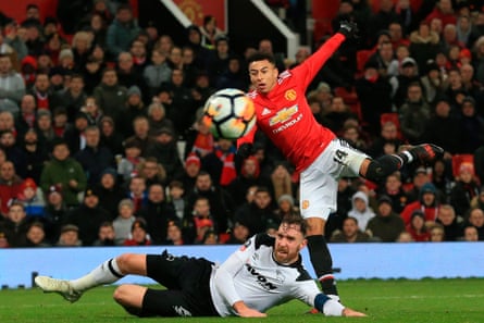 Manchester United’s Jesse Lingard tries his luck with a shot in the FA Cup tie against Derby County.