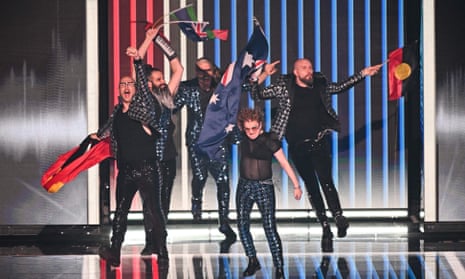 Australian synth metal band Voyager take to the stage during the final of the Eurovision song contest in Liverpool on Saturday. 