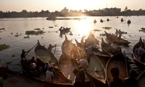 Boats are docked at a ghat in the Hazaribagh neighborhood of Dhaka, Bangladesh.