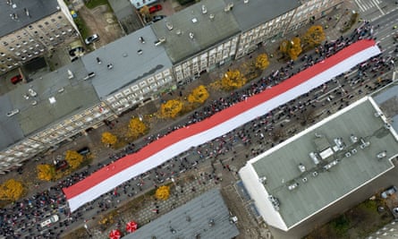 An aerial view of marchers in Warsaw on Thursday.