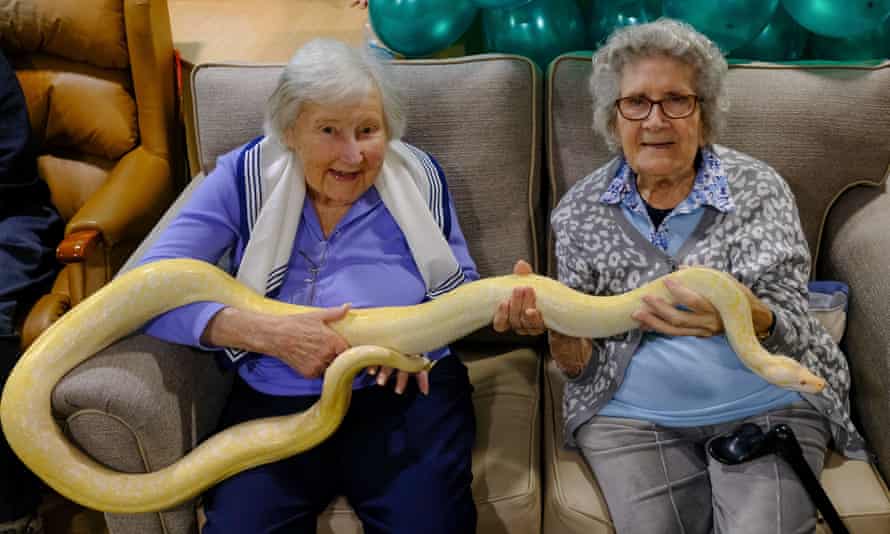 résidents d'une maison de soins tenant un serpent albinos de 6 pieds de long.