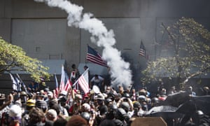 Far-right organizers clashed with counter-protesters at the Justice Center in Portland, Oregon, 22 August.