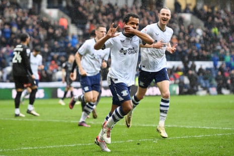 Duane Holmes of Preston North End celebrates scoring his team's first goal during the Championship match against Rotherham United at Deepdale.