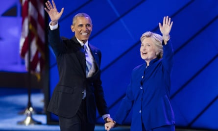 Democratic National Convention Day 3(160728) -- PHILADELPHIA, July 28, 2016 (Xinhua) -- U.S. Democratic Presidential Candidate Hillary Clinton (R) and U.S. President Barack Obama are pictured on the third day of the 2016 U.S. Democratic National Convention, at Wells Fargo Center in Philadelphia, Pennsylvania, the United States, on July 27, 2016. (Xinhua/Li Muzi)PHOTOGRAPH BY Xinhua / Barcroft Images London-T:+44 207 033 1031 E:hello@barcroftmedia.com - New York-T:+1 212 796 2458 E:hello@barcroftusa.com - New Delhi-T:+91 11 4053 2429 E:hello@barcroftindia.com www.barcroftimages.com
