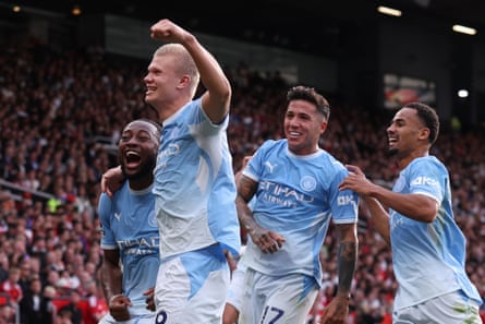 Erling Haaland of Manchester City celebrates after his goal in the derby was cleared