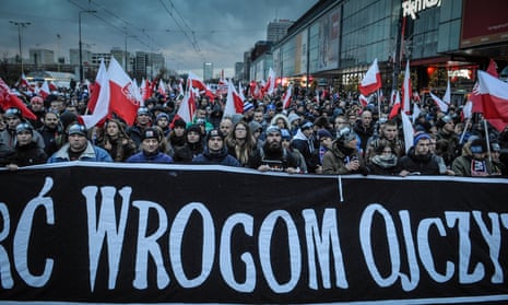 Demonstrators with a banner calling for ‘Death to enemies of the homeland’ at last year’s far-right independence day rally in Warsaw.