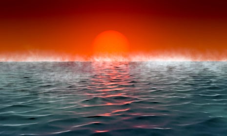 Artist's impression of a blue-green, steaming ocean with a vivid red sunset in the background