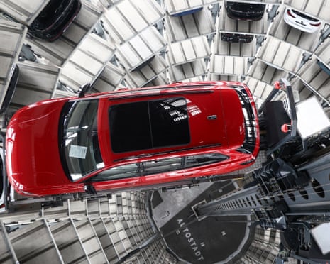 Volkswagen cars in a storage tower in Wolfsburg, Germany.