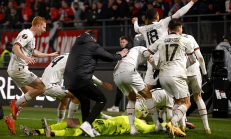 Shakhtar Donetsk’s players celebrate their win after the UEFA Europa League play-off, second leg soccer match between Rennes FC and Shakhtar Donetsk at the Roazhon Park Stadium in Rennes, France, 23 February 2023.