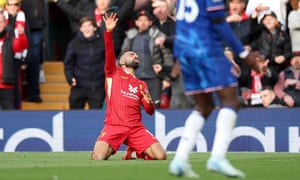 English Premier League - Liverpool vs Chelsea<br>epa11671505 Mohamed Salah of Liverpool reacts during the English Premier League match between Liverpool FC and Chelsea FC in Liverpool, Britain, 20 October 2024. EPA/ADAM VAUGHAN EDITORIAL USE ONLY. No use with unauthorized audio, video, data, fixture lists, club/league logos, 'live' services or NFTs. Online in-match use limited to 120 images, no video emulation. No use in betting, games or single club/league/player publications.