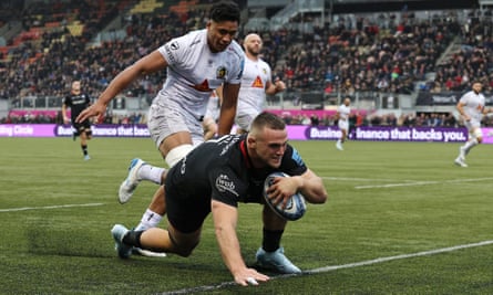 Ben Earl dives over for one of his tries against Exeter
