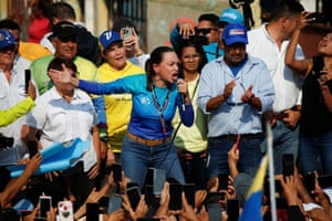 The opposition presidential candidate María Corina Machado addresses supporters during a rally in Carabobo state