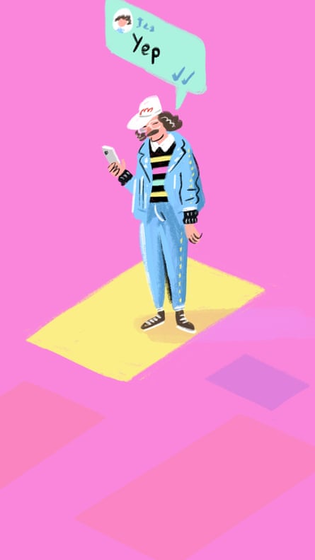 Illustration of man typing a text saying “Yep”