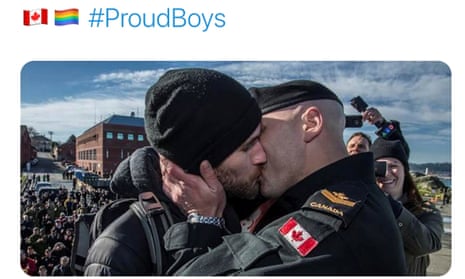 A tweet featuring a Canadian forces sailor kissing his partner using the the Proud Boys hashtag.