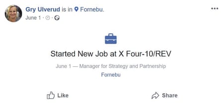 Screengrab of Facebook post by Gry Ulverud, wife of UN Environment executive director Erik Solheim, announcing a new job with X-Four-10/REV