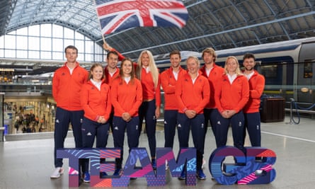 Flying the flag for Team GB at St Pancras are the sailing team, featuring left to right: Michael Beckett, Freya Black, John Gimson, Anna Burnet, Saskia Tidey, Fynn Sterritt, Emma Wilson, Sam Sills, Ellie Aldridge and James Peters.